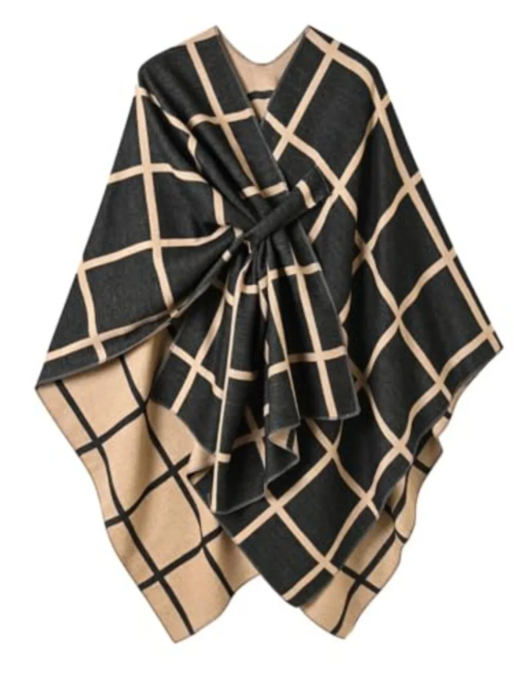Plaid Blanket Scarf Wrap Shawl - Lightweight Open Front Poncho for Women - Fall